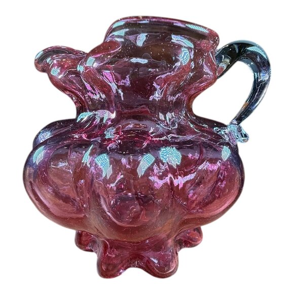 Vntg Cranberry Art Glass Pitcher Vase Clear Handle Vessel Decanter Carafe Flask - Picture 3 of 7